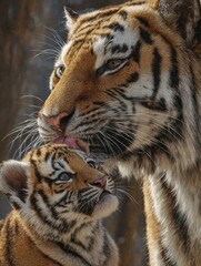 A mother tiger is licking her baby