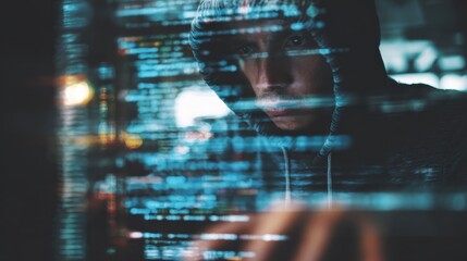 Hacker programmer using computer with abstract html code. Safety and programming concept. Double exposure, no logos, no brands