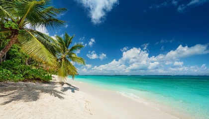 a scenic beach view with palm trees white sand turquoise water and a bright blue cloudy sky