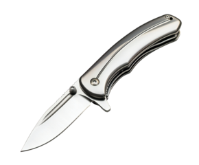 Photo of a gleaming silver folding pocket knife with a sharp steel blade and a polished metallic handle, isolated on a transparent background