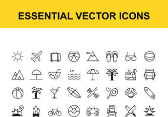 Fototapeta premium Travel and vacation outline icons on white background