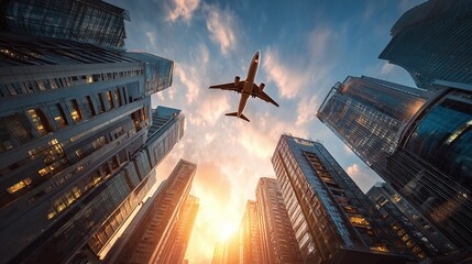 A jet takes off above skyscrapers in the city, silhouetted against the colorful sky. The low angle shows the impressive height of urban buildings.