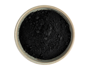 Pure activated charcoal powder in rustic bowl for detox, skincare, and wellness treatments