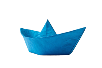 Photo of a vibrant blue origami paper boat, meticulously folded, floats on an imaginary sea, isolated against a pure transparent background