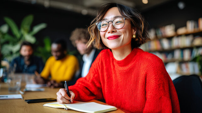 Young Asian woman in red sweater taking notes during meeting in creative office space