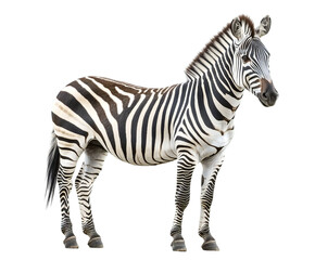 Photo of a majestic zebra stands gracefully on a plain transparent background, its iconic black and white stripes creating a striking visual contrast