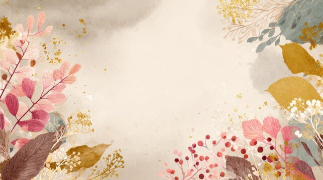 Winter background design. with watercolor brush texture, Flower and botanical leaves watercolor hand drawing. Abstract art wallpaper design for wall arts, wedding and VIP invite card. Vector EPS10, n