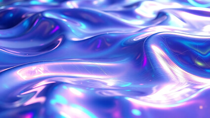 Iridescent surface with flowing waves and reflections of purple and blue light creating a smooth texture