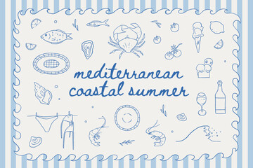 Mediterranean coastal summer whimsical line art illustrations. Hand drawn seafood, wine, sailboat, swimsuit, coffee, ice cream, and marine elements. Relaxed Italian vacation vibe vector collection