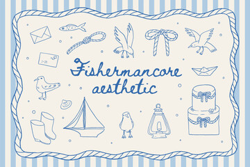 Fishermancore aesthetic whimsical line art illustration set. Nautical party elements: boat, wedding cake, fish, sardines, seagull. Hand drawn vintage coastal design. Summer sea beach party collection