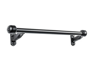 Photo of a robust black metal towel bar with ornate brackets, securely mounted to a wall, isolated on a transparent background
