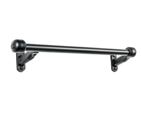 Photo of a robust black metal towel bar with ornate brackets, securely mounted to a wall, isolated on a transparent background