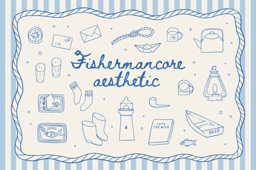 Fishermancore aesthetic whimsical line art illustration set. Nautical elements: boat, lighthouse, fish, sardines, kettle, robber boots, pipe. Hand drawn vintage coastal design. Summer sea vector.