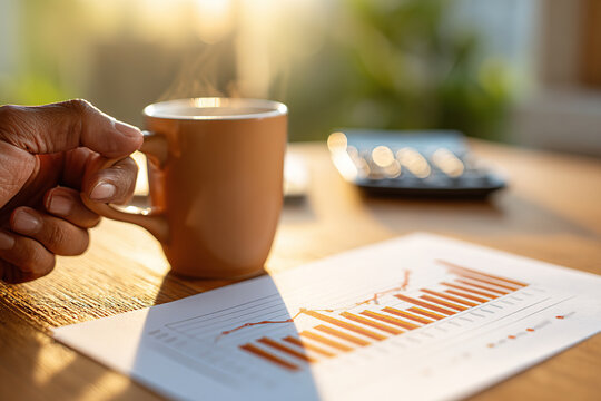 Working on financial analysis with graphs and calculator in a cozy workspace during morning hours - Powered by Adobe