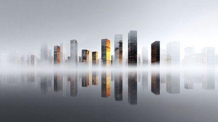 Cityscape Reflection: Skyscrapers mirrored in tranquil water, ethereal atmosphere, a blend of light and shadow. Urban serenity. Modern architecture.