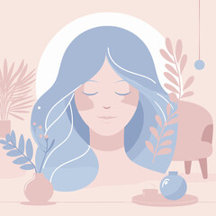 Serene mom face illustration with plants in soft pastel colors, copy space
