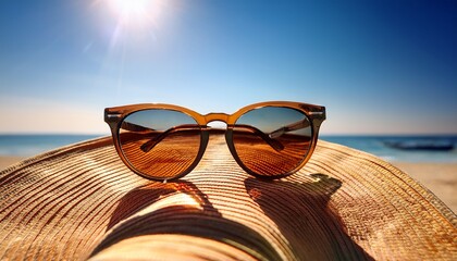 stylish sunglasses resting on a straw hat atop a beach towel under the sun