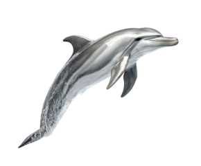 Photo of a sleek dolphin leaps gracefully out of the water, isolated on a pure transparent background