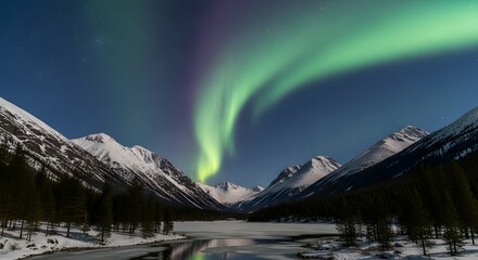 Beautiful northern lights aurora borealis over snowy mountain range winter landscape at night sky scene