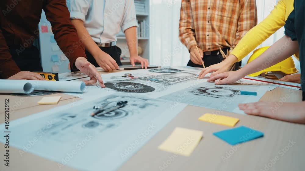 Poster a diverse team works together on a building project, analyzing blueprints and brainstorming ideas wi