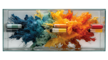 A vibrant explosion of colorful powder paint erupts from glass containers with cylinders inside isolated on transparent background