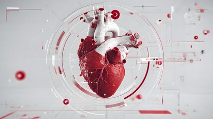 3d animated model of beating heart with visible aortography path in red and white tones surrounded by clean modern health tech elements ideal for futuristic anatomy visuals custom background