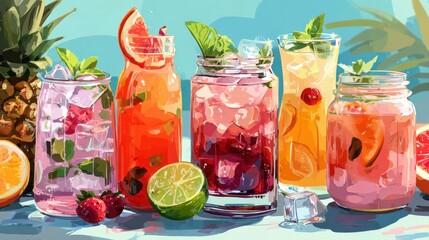 Summer fresh drinks. Tropical flavor juice, ice tea and citrus lemonade in bottle glasses or jar. Alcoholic fruit beach beverages, neoteric vector cartoon signs, no logos, no brands