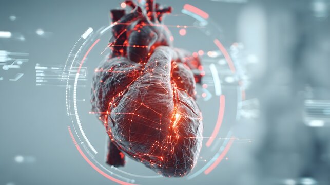 3d animated model of beating heart with visible aortography path in red and white tones surrounded by clean modern health tech elements ideal for futuristic anatomy visuals custom background
