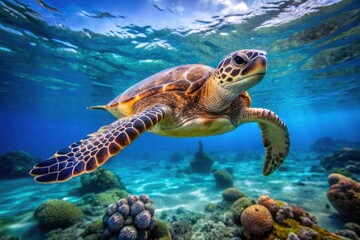 Obraz premium A majestic sea turtle glides gracefully through clear blue ocean water