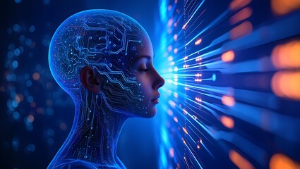 Humanoid head with glowing circuits and digital data stream