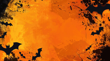 halloween, horizontal banner, black silhouettes of bats, paint strokes, abstract orange background, copy space, free space for text