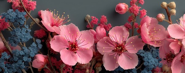 Closeup of vibrant pink and blue flowers in creative arrangement