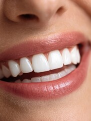 Obraz premium Perfect white teeth veneer smile close up, female winner smile, dental care and stomatology, dentistry. Smiling woman mouth with great white teeth