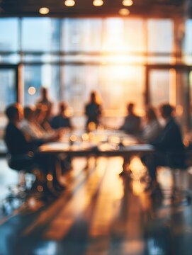 Blur office meeting blurred background with business people working group in boardroom discussion, executive seminar or professional training in enterprise