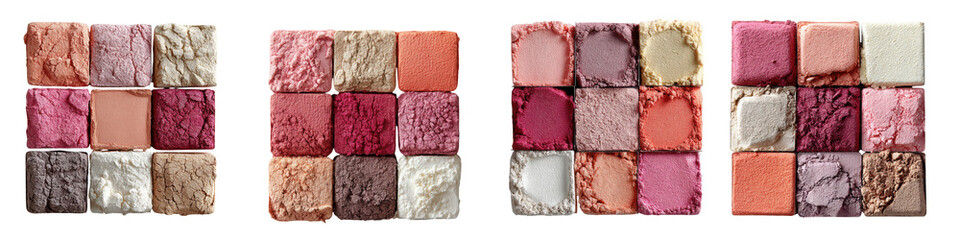 Fototapeta premium A vibrant collection of eyeshadow palettes showcasing a variety of shimmering and glittery shades isolated on transparent background