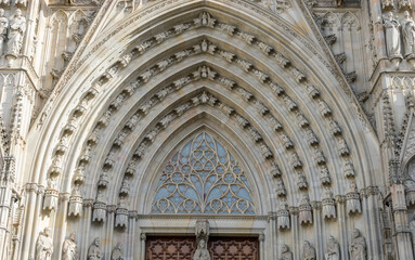 Gothic Catholic Cathedral Facade  Barcelona Catalonia Spain. Built in 1298.