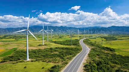 Scenic wind farm landscape with turbines on green fields under blue sky and mountains in summer daylight