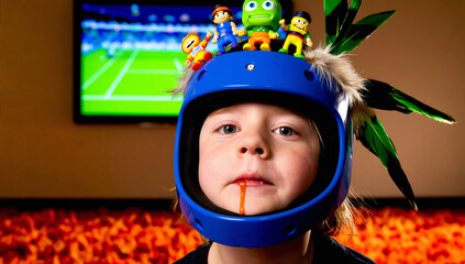 Child Wearing Helmet with Toys and Feathers Watching Television