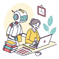 Woman and AI robot working together on laptop – future collaboration, hybrid intelligence and teamwork concept