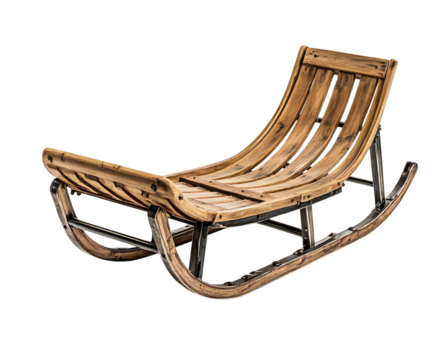 Photo of a vintage wooden sledge with a curved design and metal frame, isolated on a transparent background