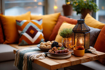 Iftar table setup in cozy living room with pillows and traditional lantern