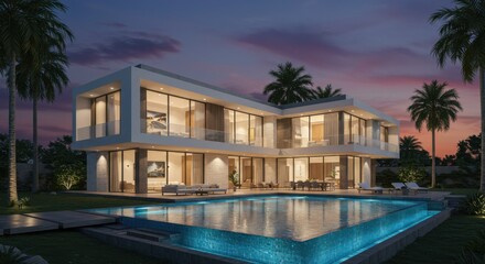 Modern luxury villa with infinity pool at dusk