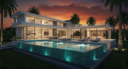 Modern luxury villa with infinity pool at sunset