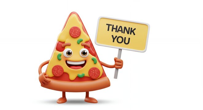 Cartoon pizza slice holding thank you sign