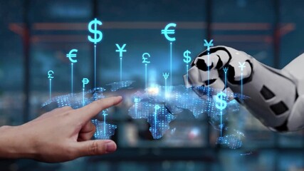 A human hand and a robotic hand connect in a modern office, reaching for digital currency symbols. This video captures the essence of financial technology in a global economy. Auvana - Powered by Adobe