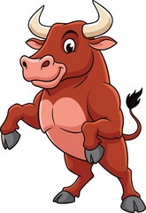 Cartoon bull with friendly face and white horns, animated pose with raised front legs, cad drawing, vector animal illustration