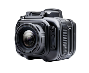 Photo of a compact, rugged black camera with a prominent lens is shown from a side angle, ready to capture highquality images and video isolated on transparent background