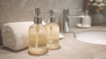 beauty, body care, luxury and hygiene concept - close up of liquid soap or body lotion set at hotel bathroom, no logos, no brands
