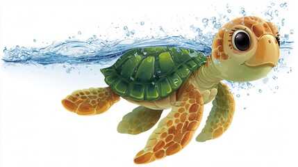 Adorable Cartoon Turtle Swimming in Water 