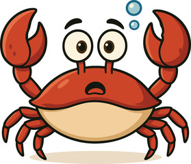 Cartoon crab with raised claws, surprised facial expression and bubbles, underwater character illustration, cad drawing, vector marine design